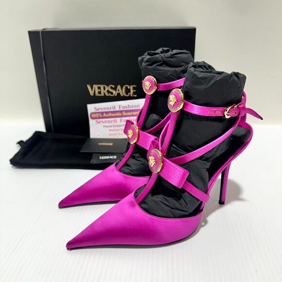 NIB Versace Gianni Ribbon 38.5 US 8.5 Pumps Fuchsia Cage Satin Ankle Strap $1325 - Picture 5 of 16